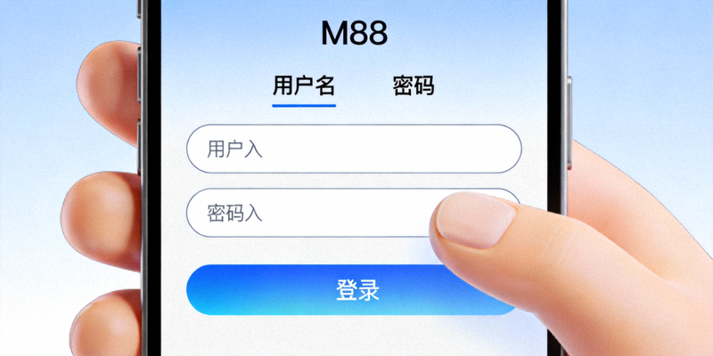 M88移动登录表单特写，显示用户名、密码输入框和登录按钮，界面针对触摸屏优化