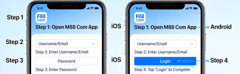 Step-by-step guide GIF for M88 Com Mobile Login process on iOS and Android devices
