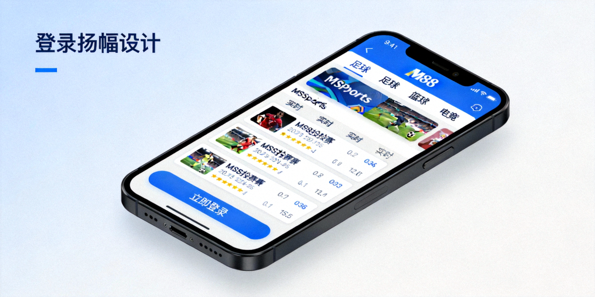 M88 移动登录横幅展示智能手机界面和 MSports 投注选项