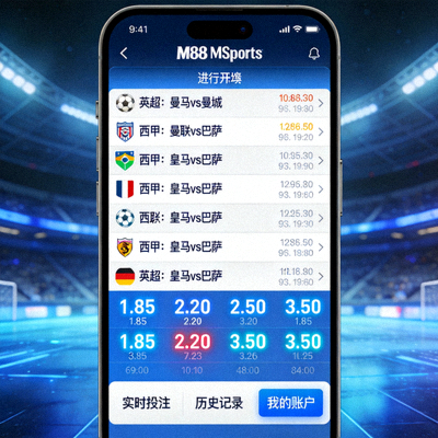 移动设备上的 M88 MSports 实时投注界面，显示正在进行的比赛和动态赔率