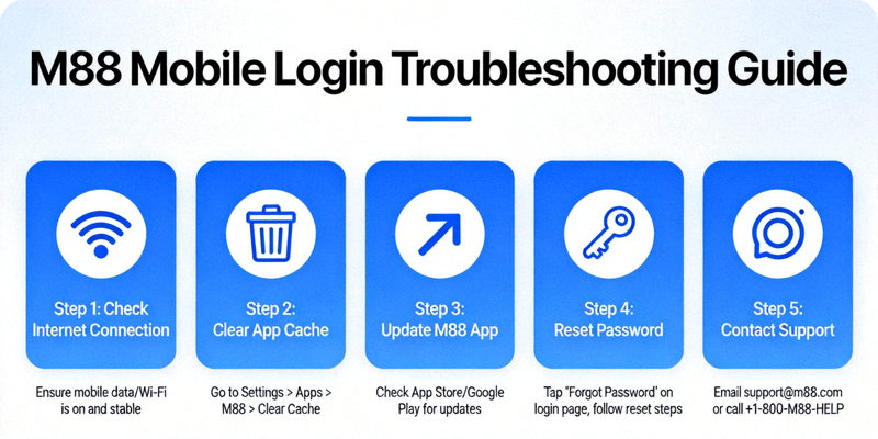 Diagram illustrating troubleshooting steps for M88 login issues on mobile devices
