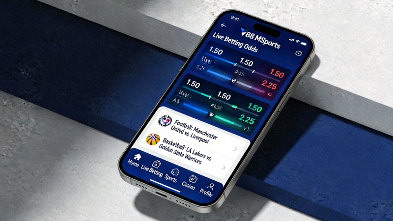 M88 MSports mobile interface display showing live betting odds and navigation menu
